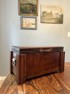 Handcrafted Antique Wooden Box Handles & Ornate Hinges -14"x9"x7"